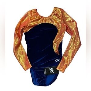 NEW Adult Small GK Leotard Long Sleeve Blue Velvet Orange Foil AS Gymnastics